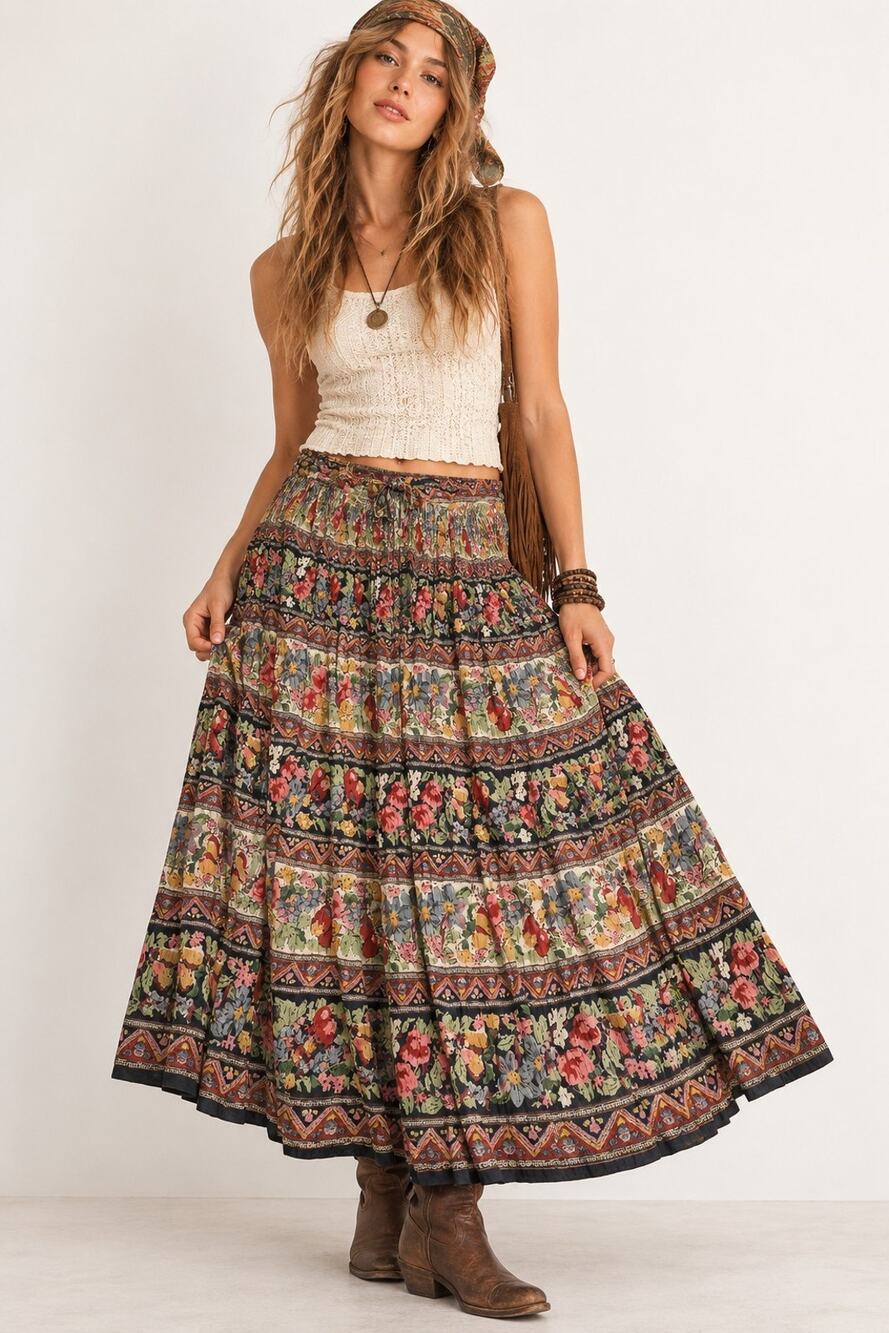 Vtg Paul Harris Floral Maxi Skirt India Boho Gypsy Tiered Festival Cottagecore L